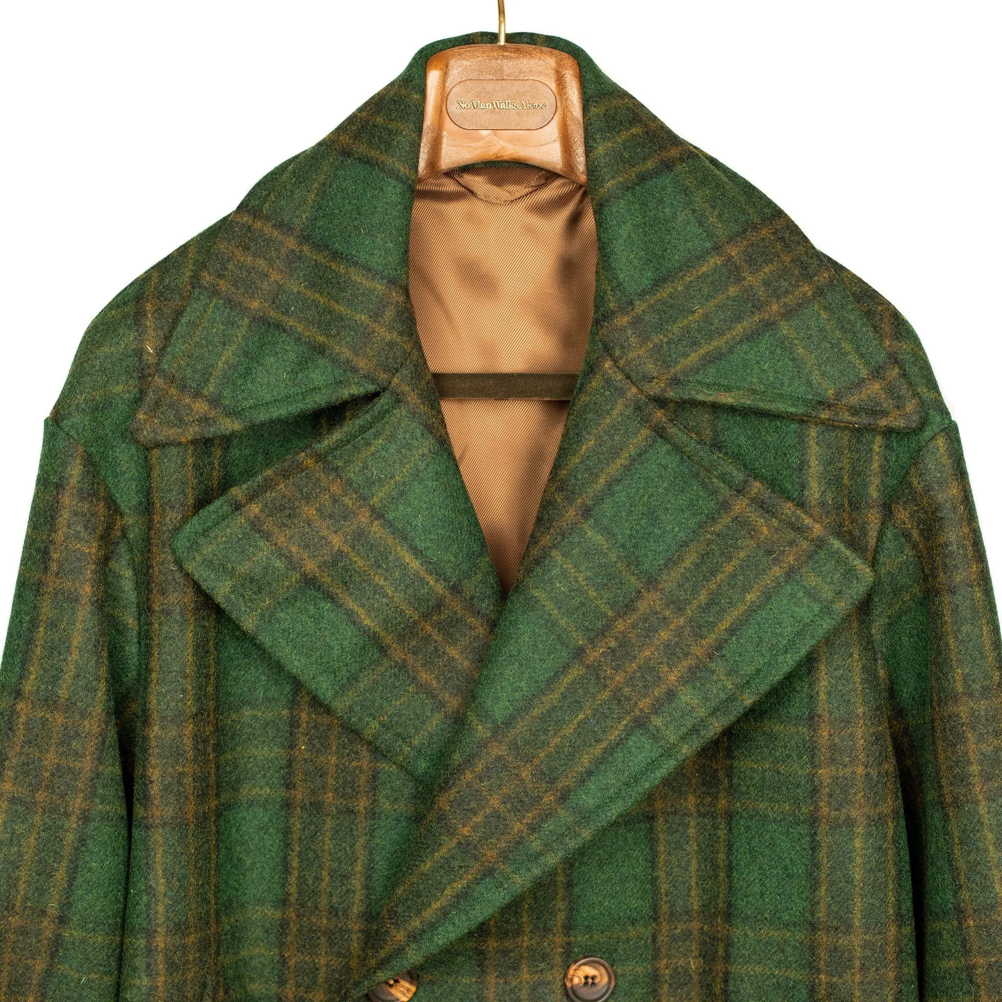 Aalbany double-breasted overcoat in forest green, ochre and black plaid wool