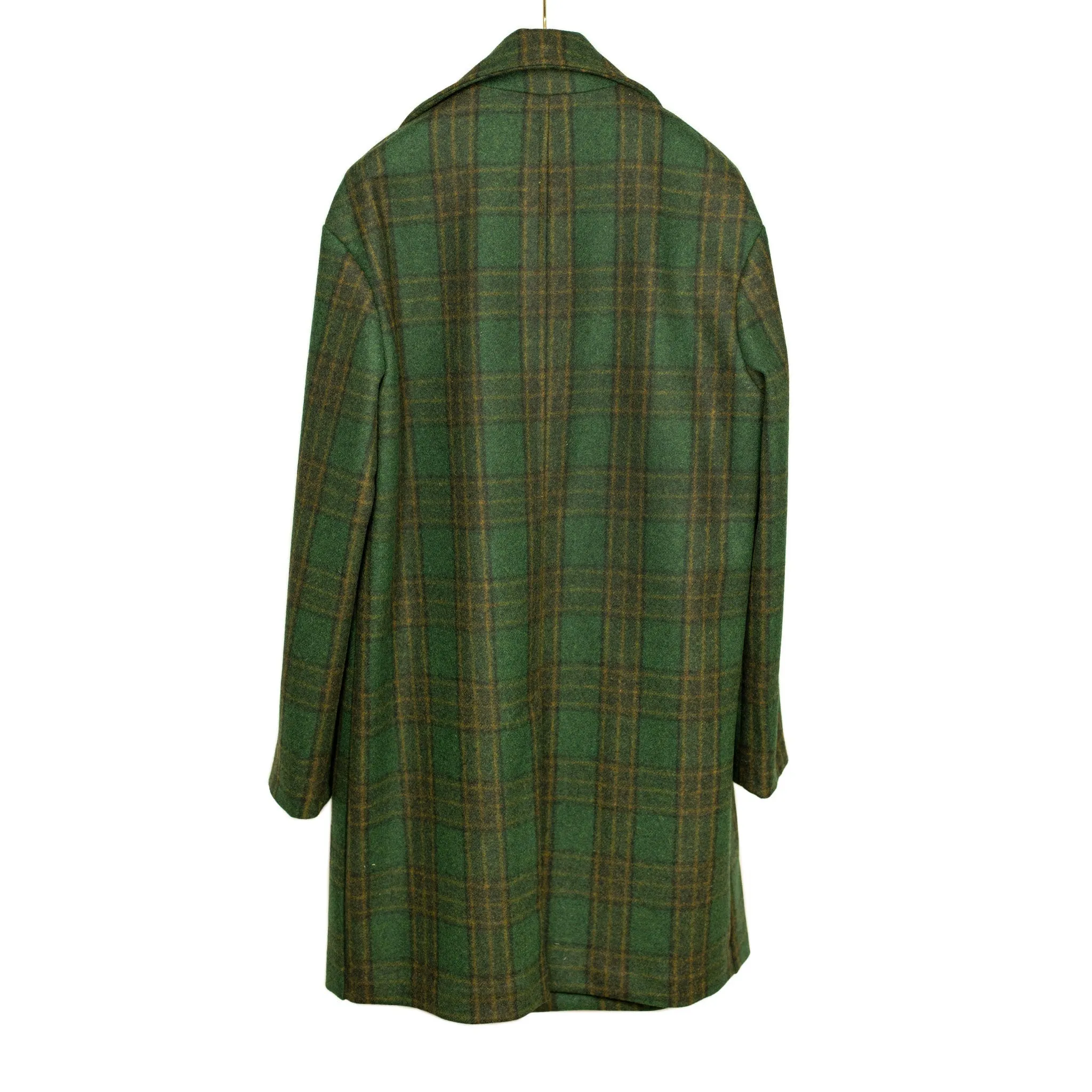 Aalbany double-breasted overcoat in forest green, ochre and black plaid wool