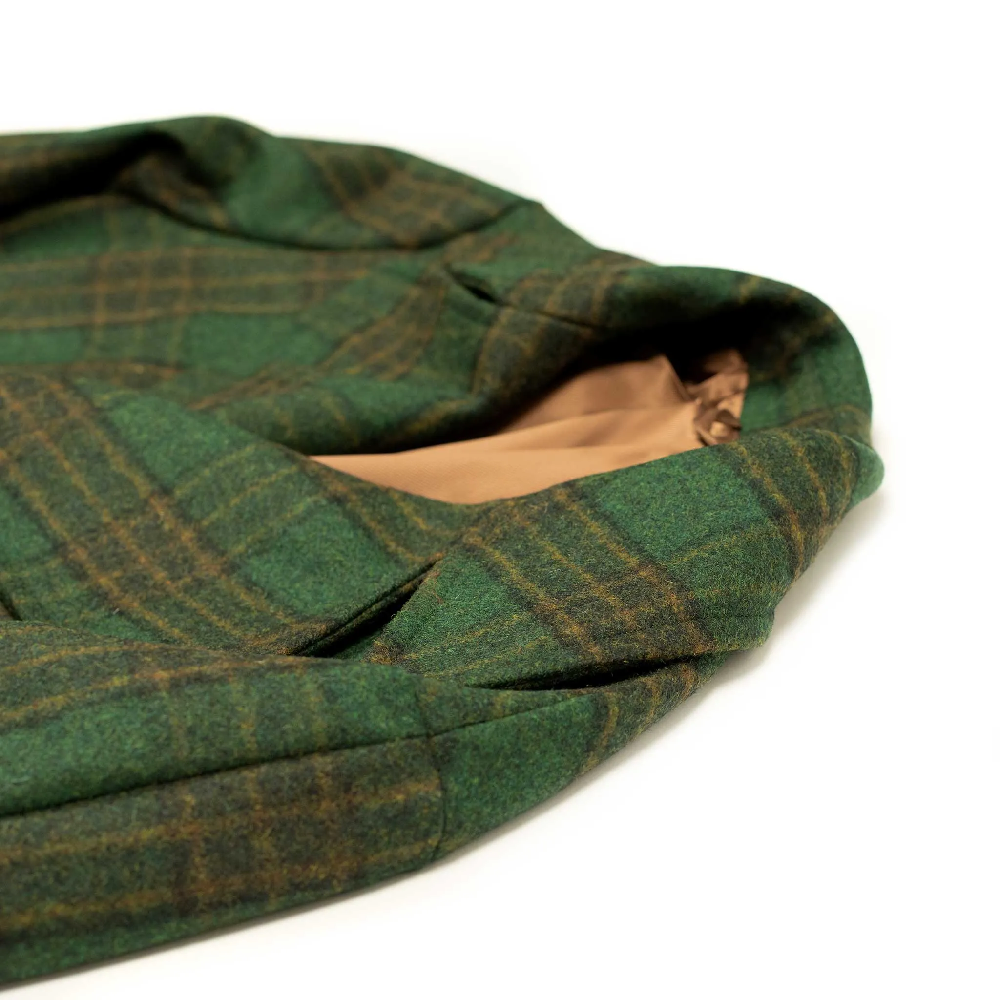 Aalbany double-breasted overcoat in forest green, ochre and black plaid wool