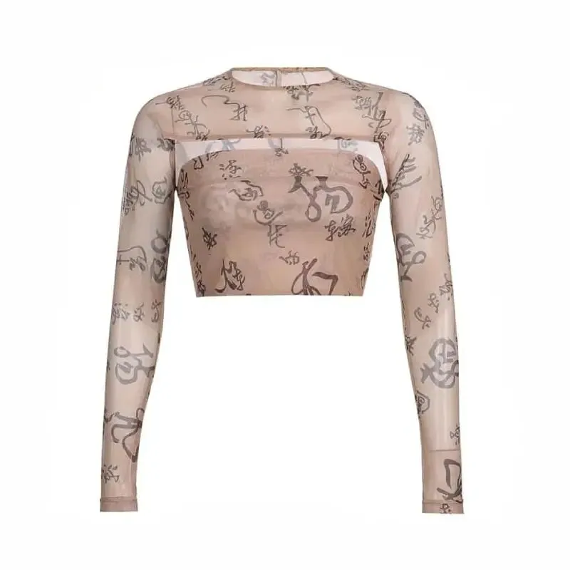 Aesthetic Two-Part Long Sleeve Buckle Mesh Crop-Top