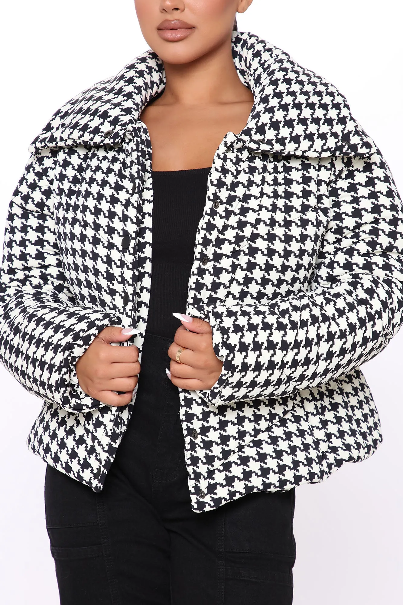 Amelia Houndstooth Puffer Jacket - Black/White