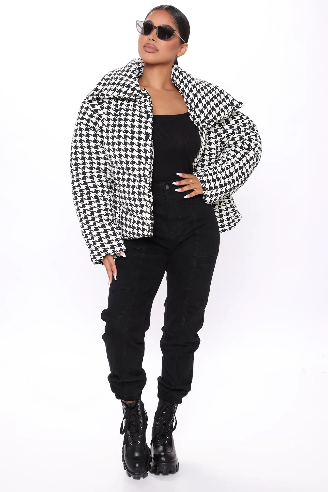 Amelia Houndstooth Puffer Jacket - Black/White