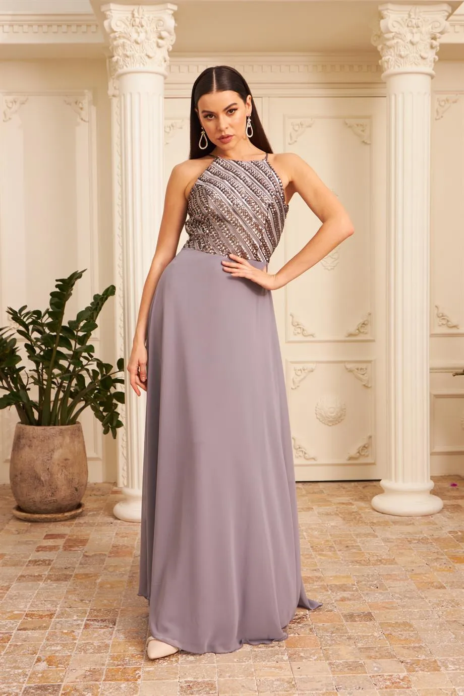 Angelino gray chiffon stamp sequined long evening dress and invitation dress