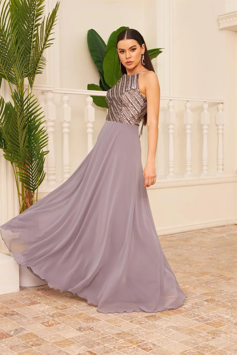 Angelino gray chiffon stamp sequined long evening dress and invitation dress