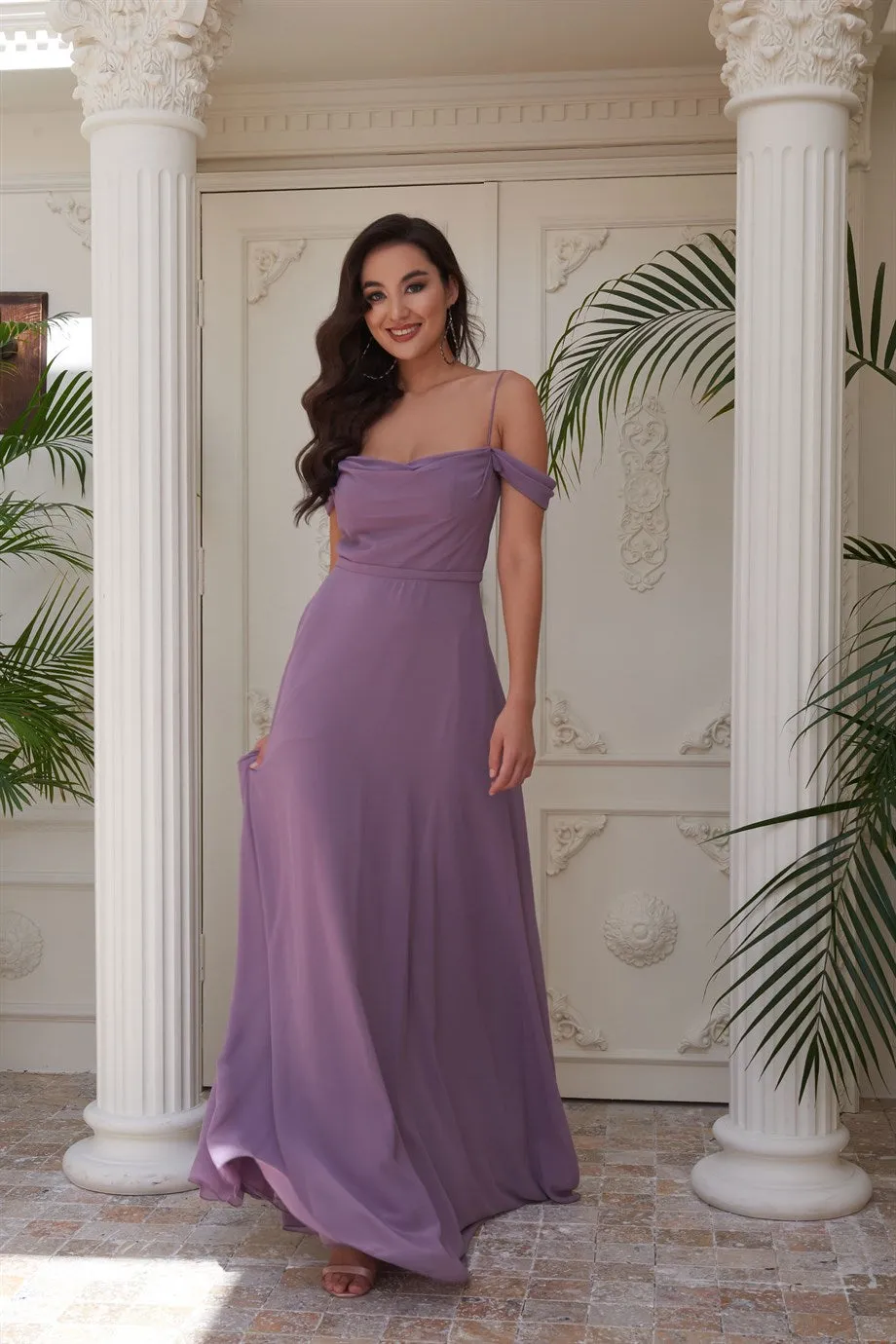 Angelino Lavender Chiffon Low Sleeve Long Evening Dress