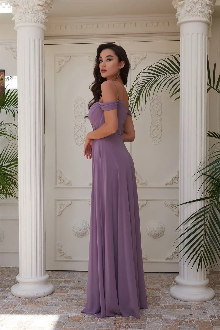 Angelino Lavender Chiffon Low Sleeve Long Evening Dress