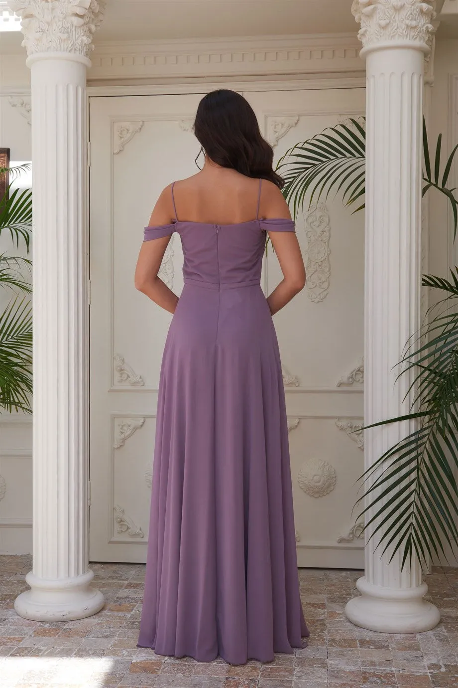 Angelino Lavender Chiffon Low Sleeve Long Evening Dress