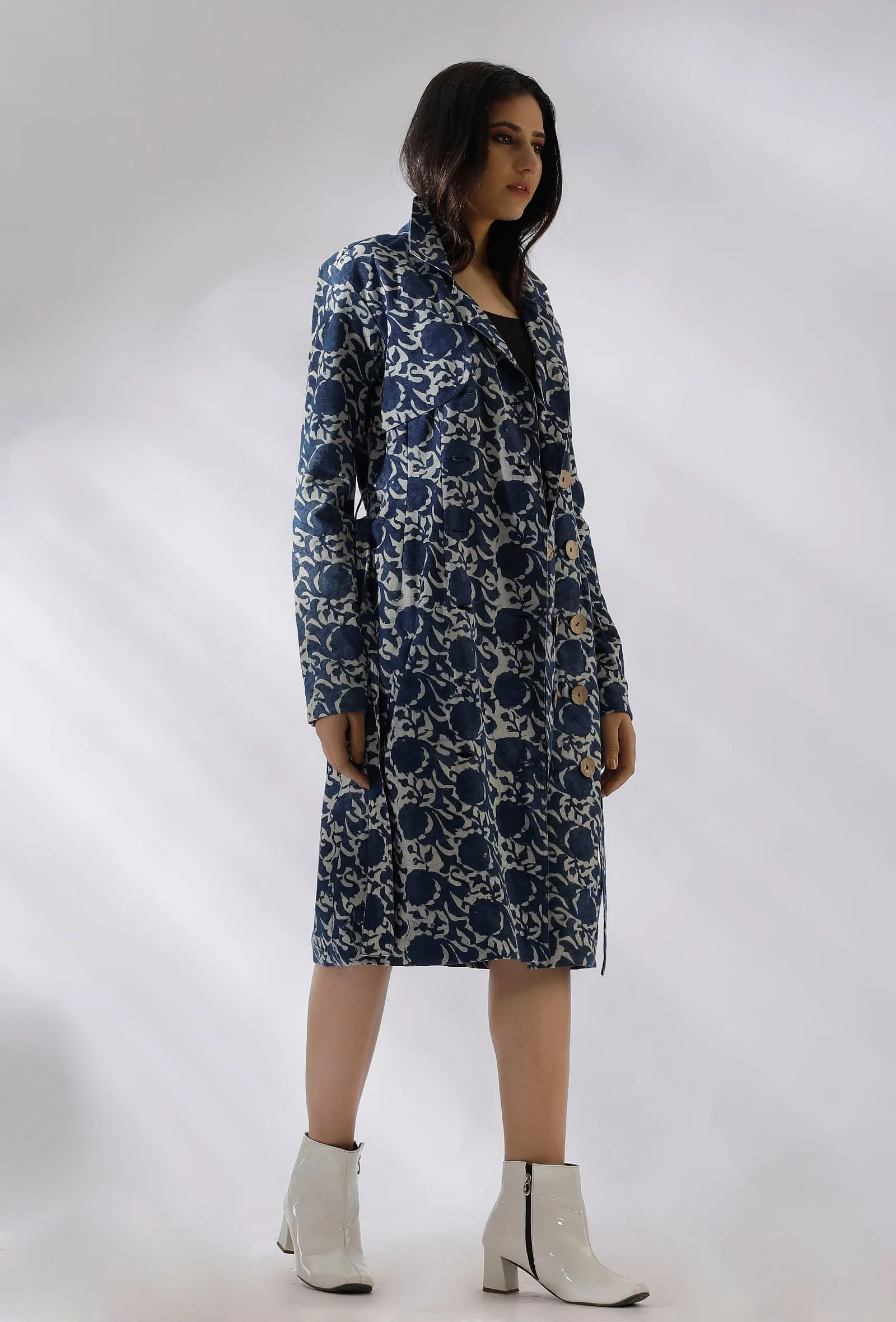 Aqua Blue Bagru Cotton Long Trench Coat