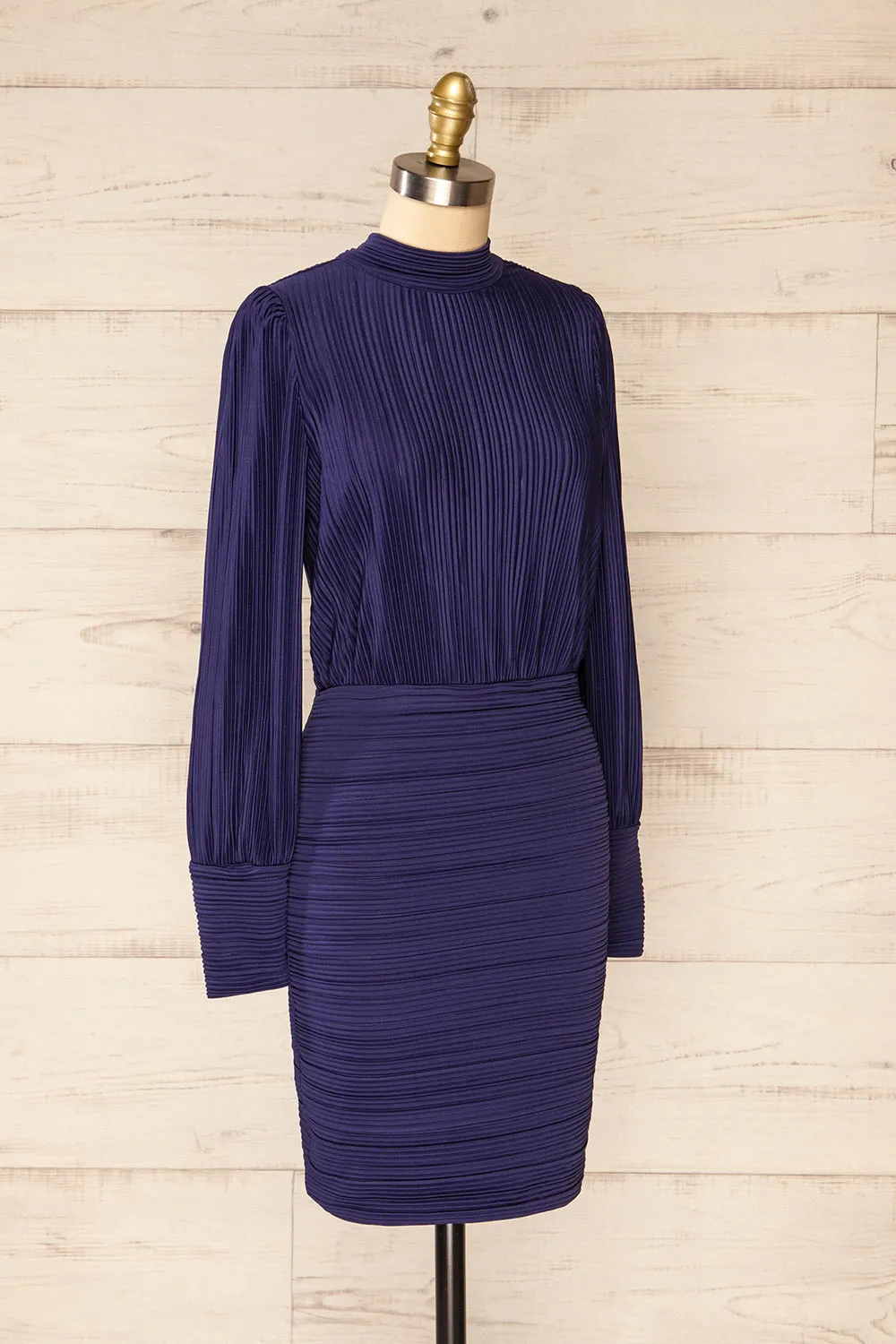 Atyrau Navy | Short Pleated Dress w/ Long Sleeves