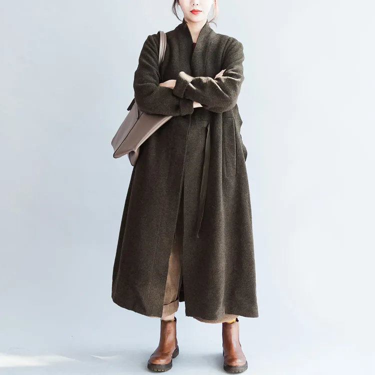 autumn winter blackish green fashion woolen cardigans plus size tie waist women trench coats