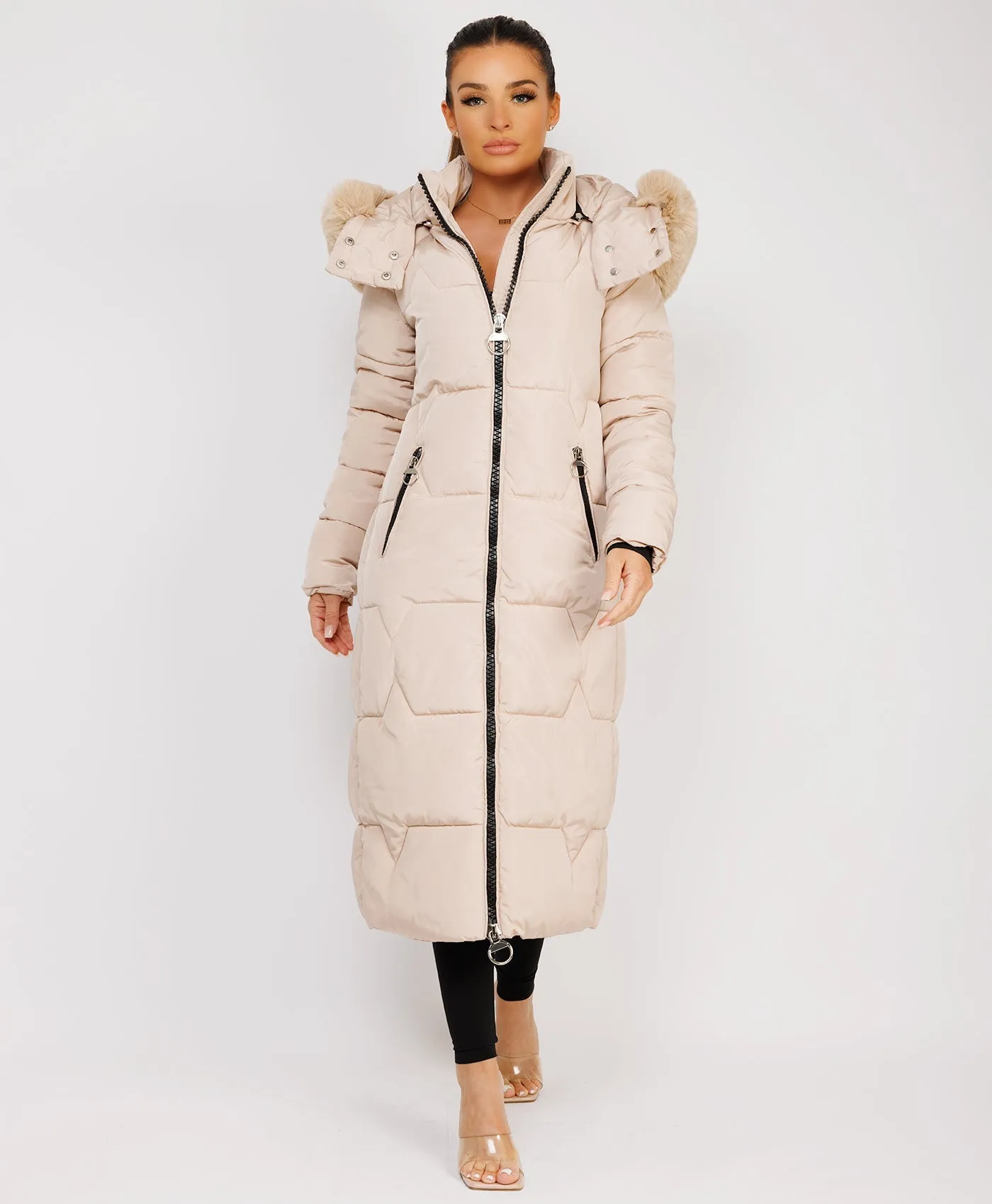 Beige Long Padded Puffer Winter Trench Coat Jacket With Faux Fur Hood