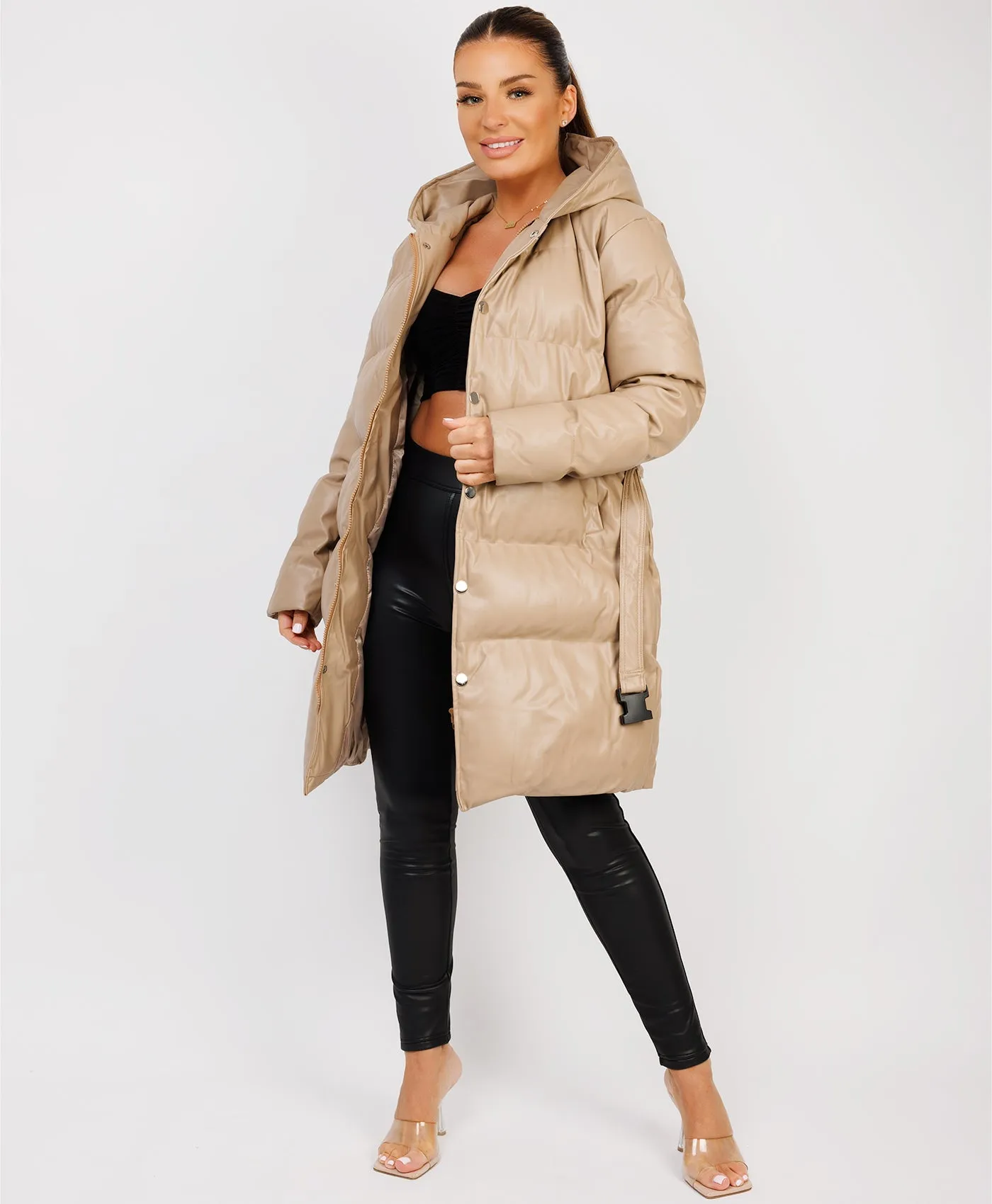 Beige Vegan Leather Padded Belted Puffer Trench Coat