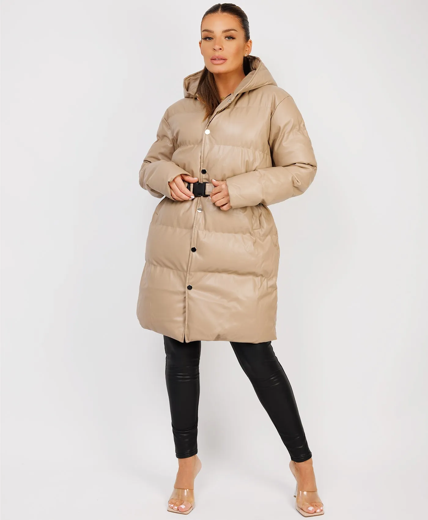 Beige Vegan Leather Padded Belted Puffer Trench Coat