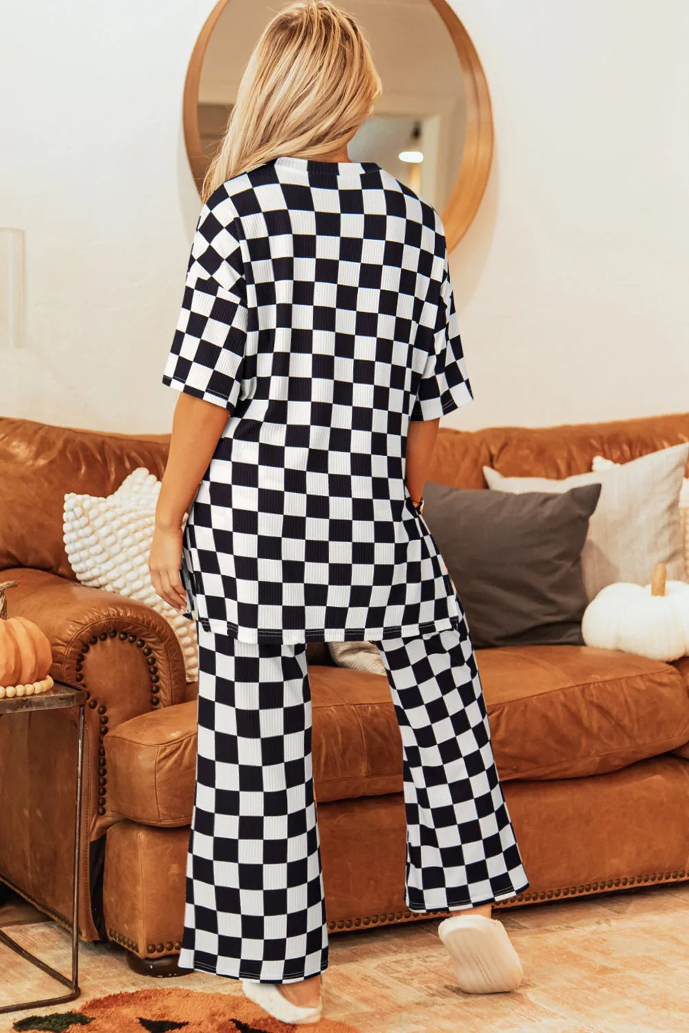 Black Checkered Print Half Sleeve Tunic Top and Flared Pants Set