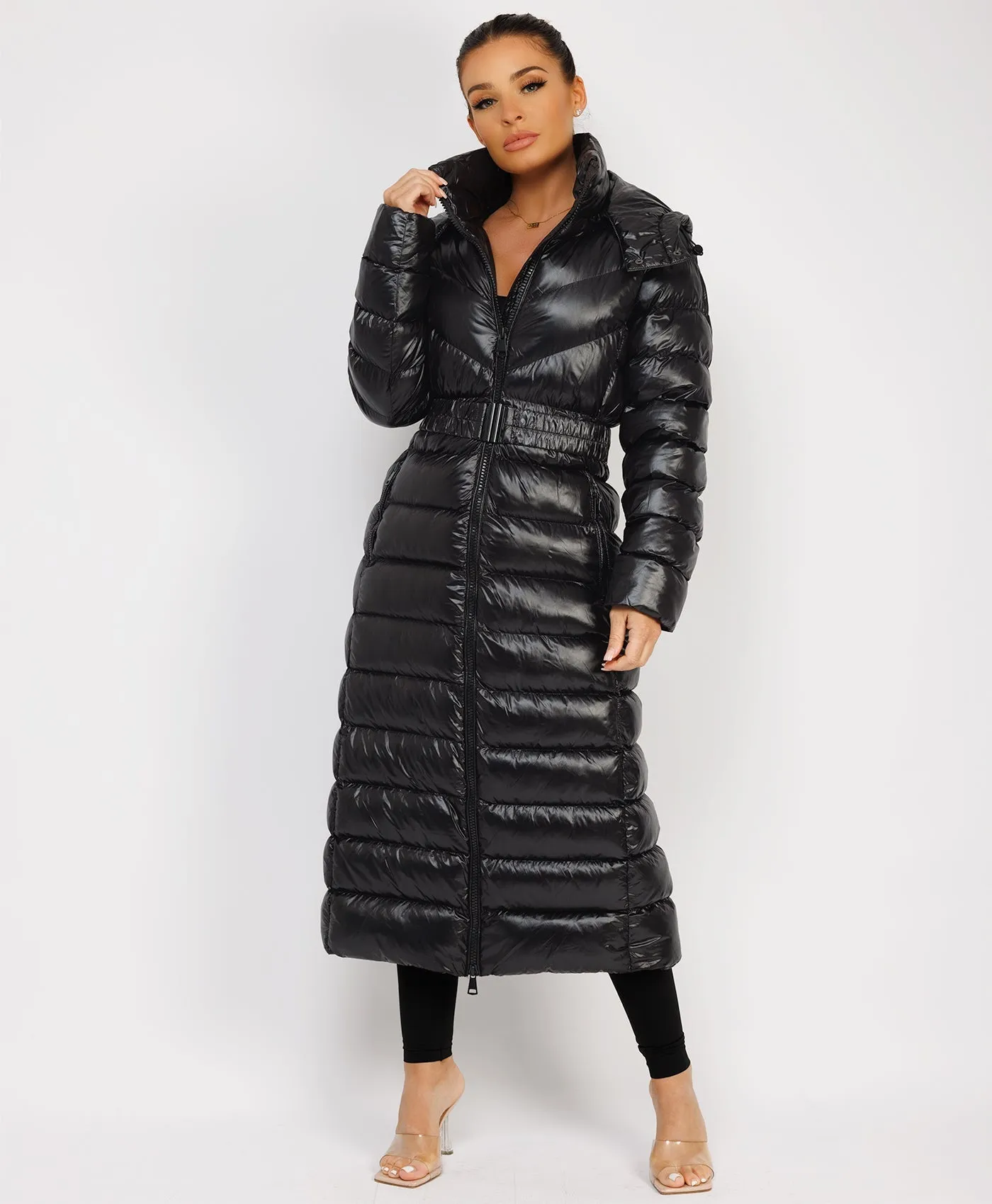 Black Long Padded Puffer Trench Coat Jacket With Hood & Belt