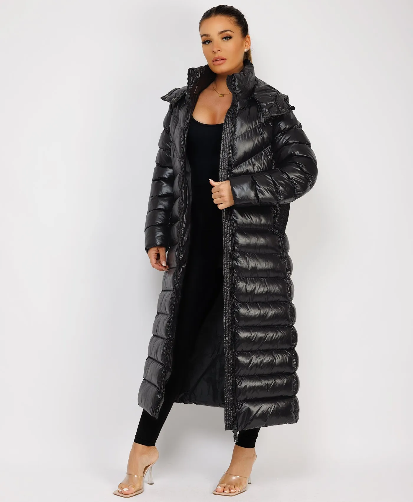 Black Long Padded Puffer Trench Coat Jacket With Hood & Belt