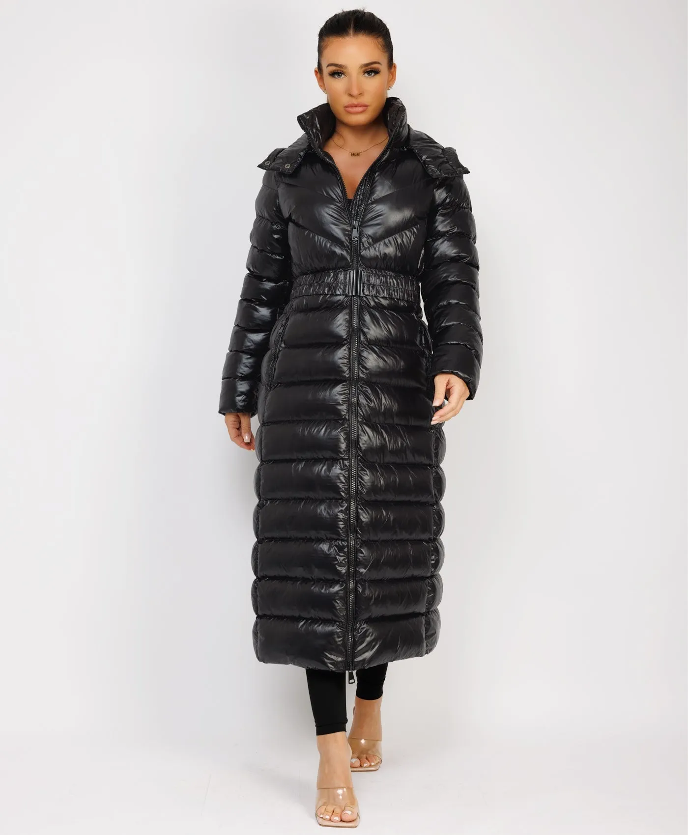 Black Long Padded Puffer Trench Coat Jacket With Hood & Belt