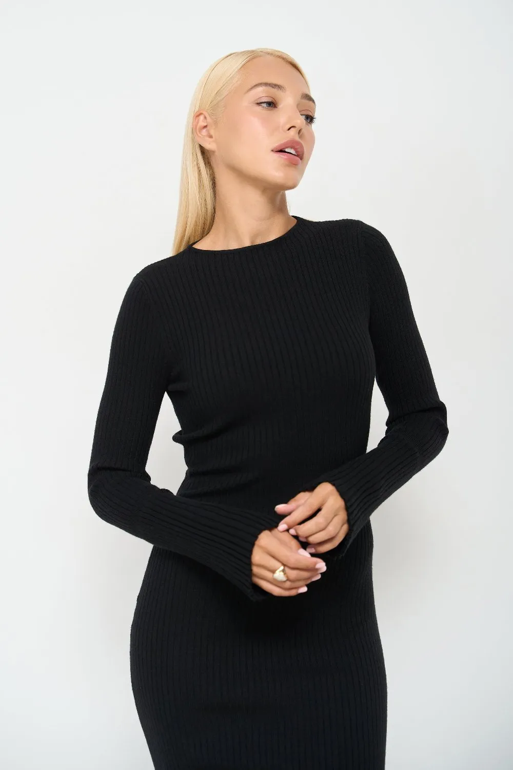 Black Long Sleeve Ribbed Knit Midi Dress