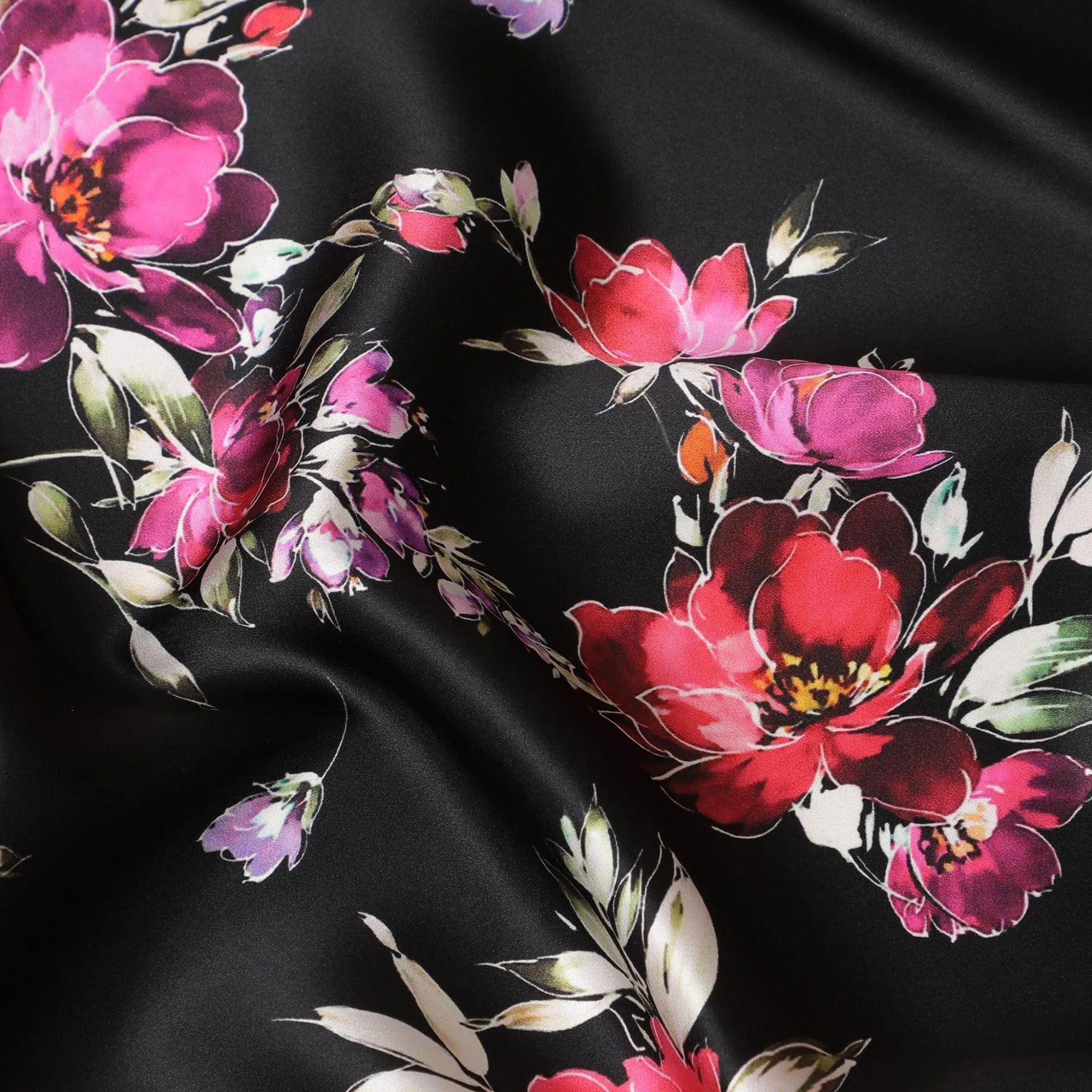 Black premium pure silk satin fabric with multicolor print in floral design-D14290