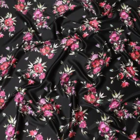 Black premium pure silk satin fabric with multicolor print in floral design-D14290