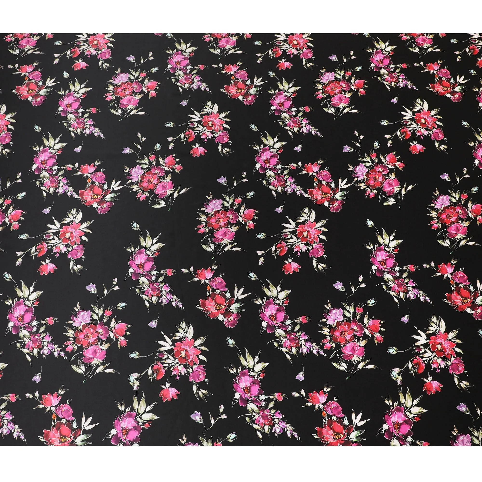 Black premium pure silk satin fabric with multicolor print in floral design-D14290