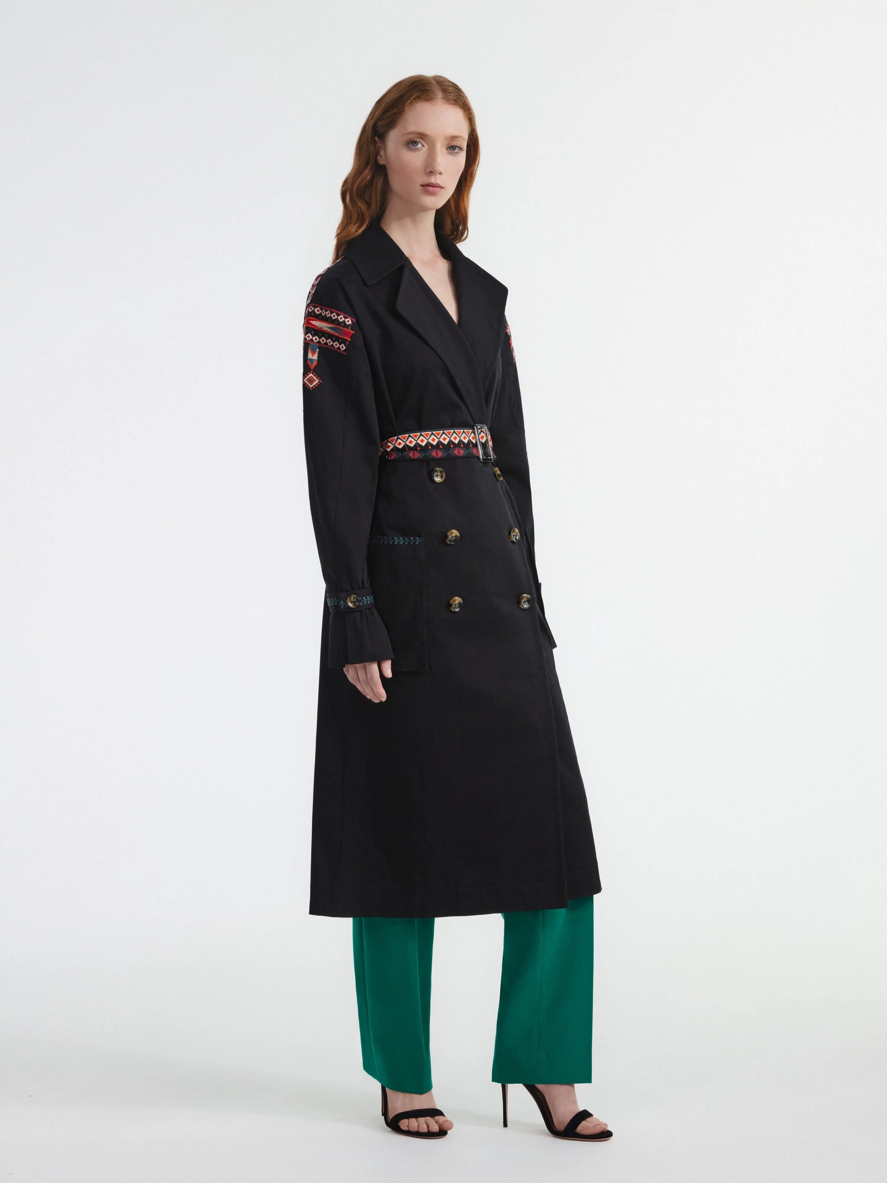 Black Trench With Ikat Embroidery