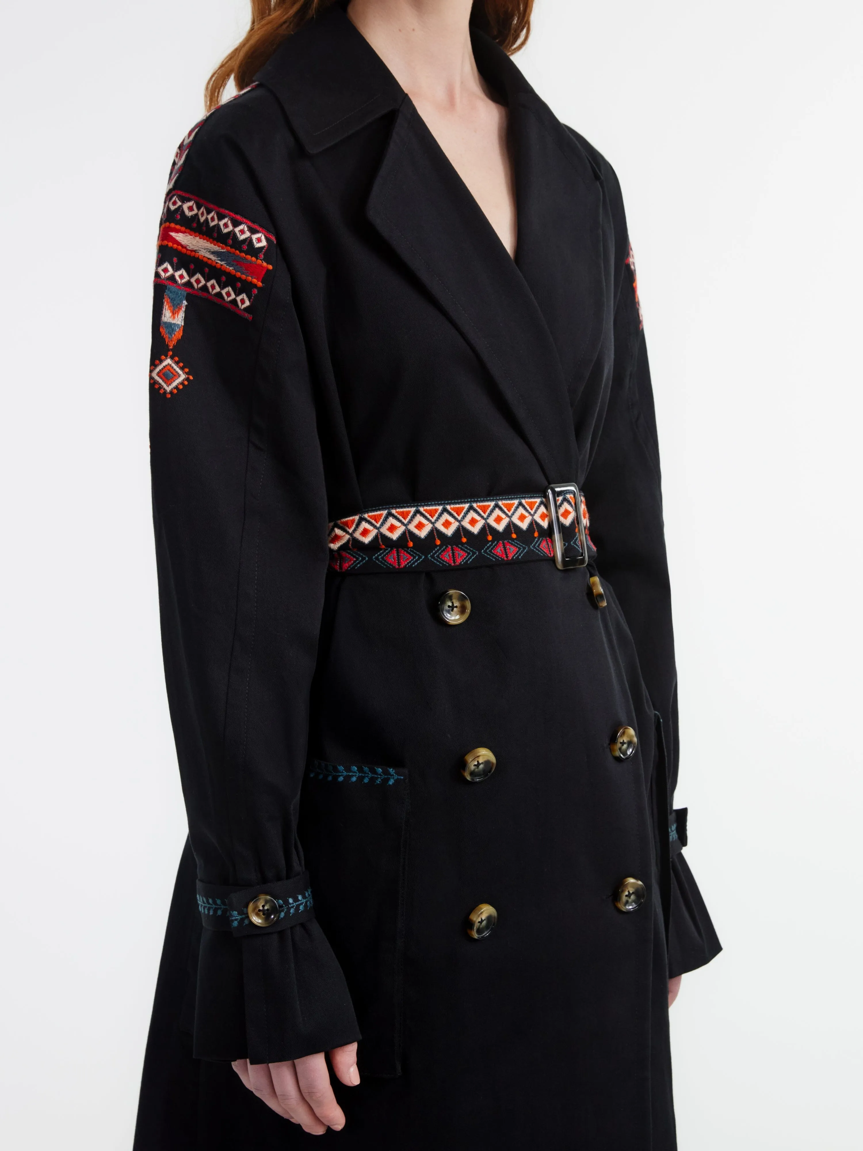 Black Trench With Ikat Embroidery