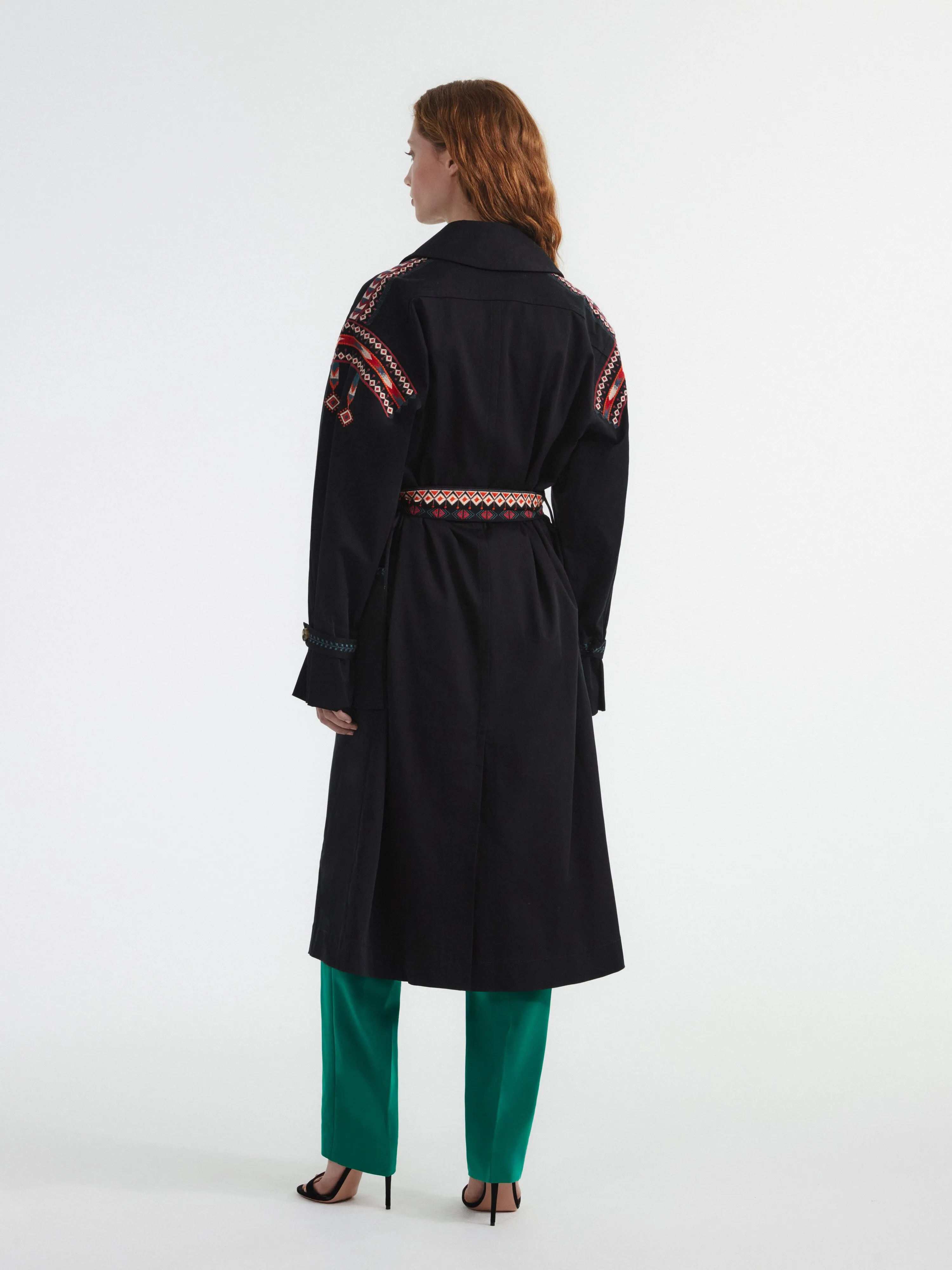 Black Trench With Ikat Embroidery