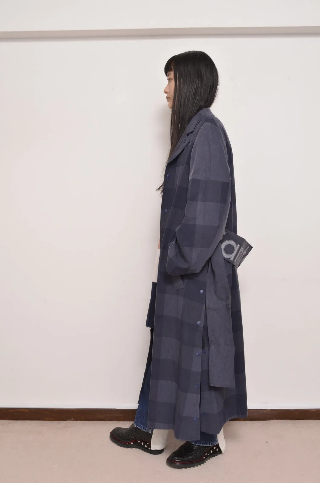 BLOCK CHECK TENCEL LONG COAT