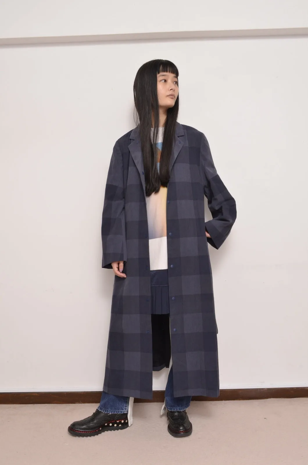 BLOCK CHECK TENCEL LONG COAT