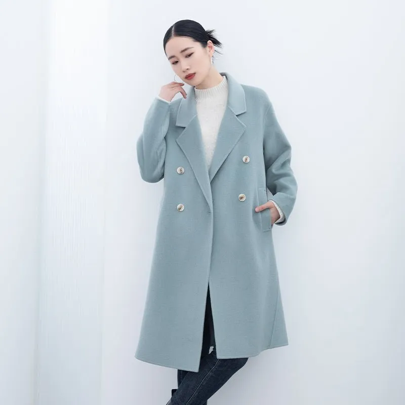 Blue Green Long Double Breasted Wool Coats