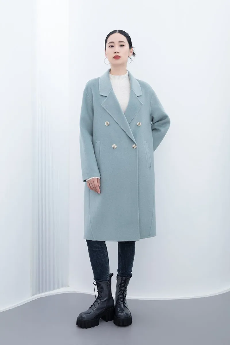 Blue Green Long Double Breasted Wool Coats