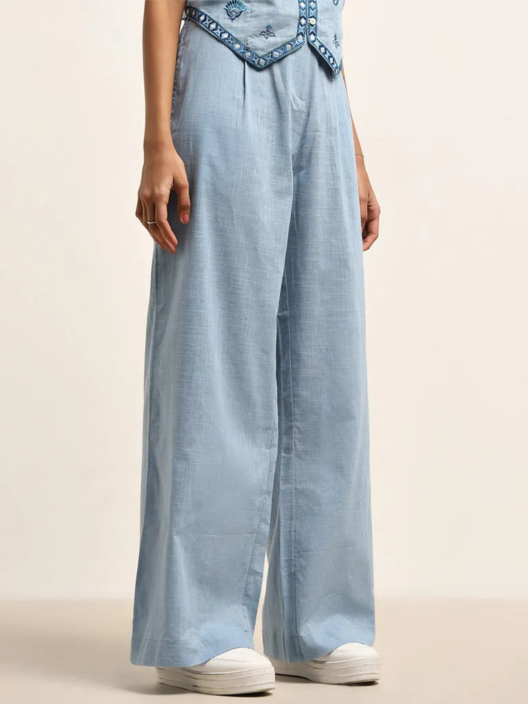 Bombay Paisley Light Blue Flared High-Rise Cotton Pants