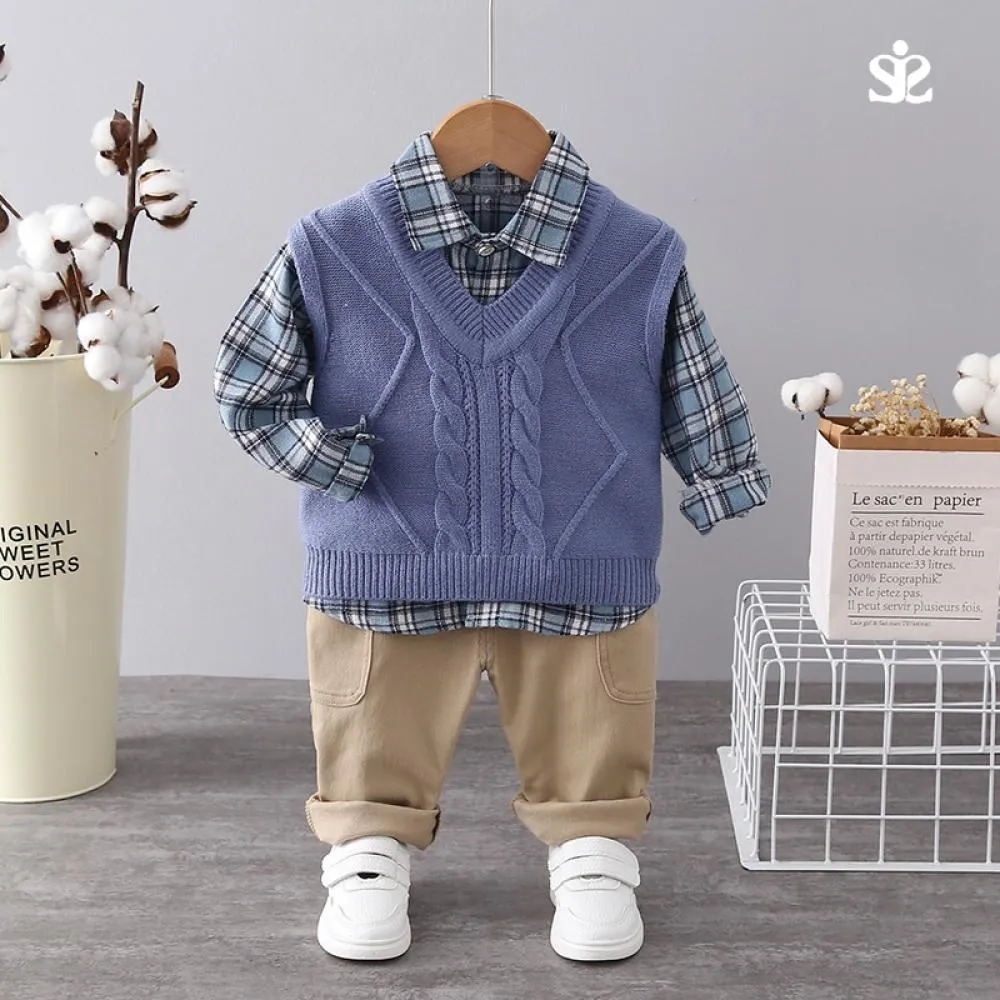 Boys Autumn Vest Plaid T-shirt Sports Pants Set Baby Boy Wholesale Boutique