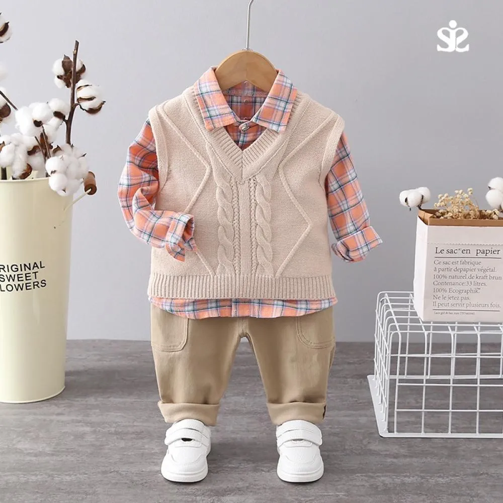 Boys Autumn Vest Plaid T-shirt Sports Pants Set Baby Boy Wholesale Boutique