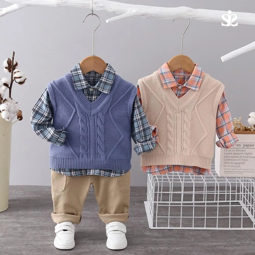 Boys Autumn Vest Plaid T-shirt Sports Pants Set Baby Boy Wholesale Boutique