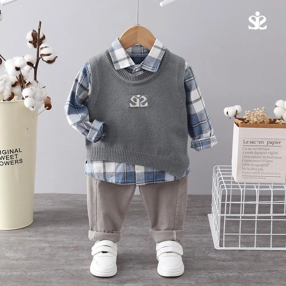 Boys Autumn Vest Plaid T-shirt Sports Pants Set Baby Boy Wholesale Boutique