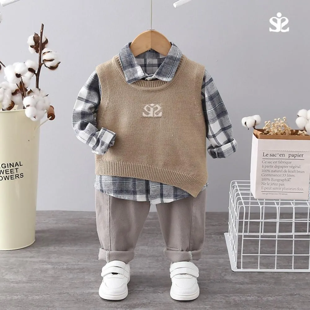 Boys Autumn Vest Plaid T-shirt Sports Pants Set Baby Boy Wholesale Boutique