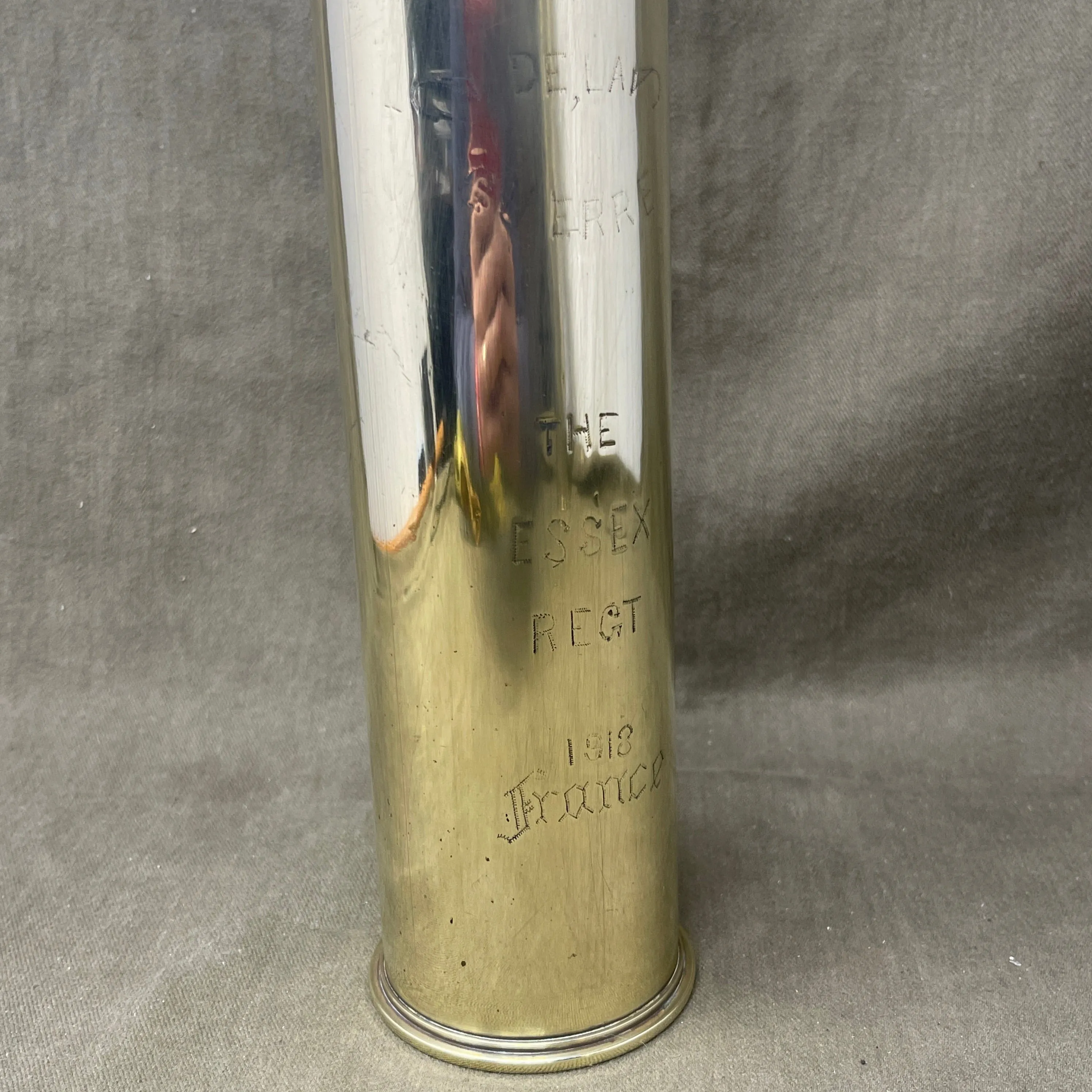 British 6Pdr MKIII Brass Shell Case  Dated 1917 Made By Kynoch and engraved with the Essex Regiments Badge