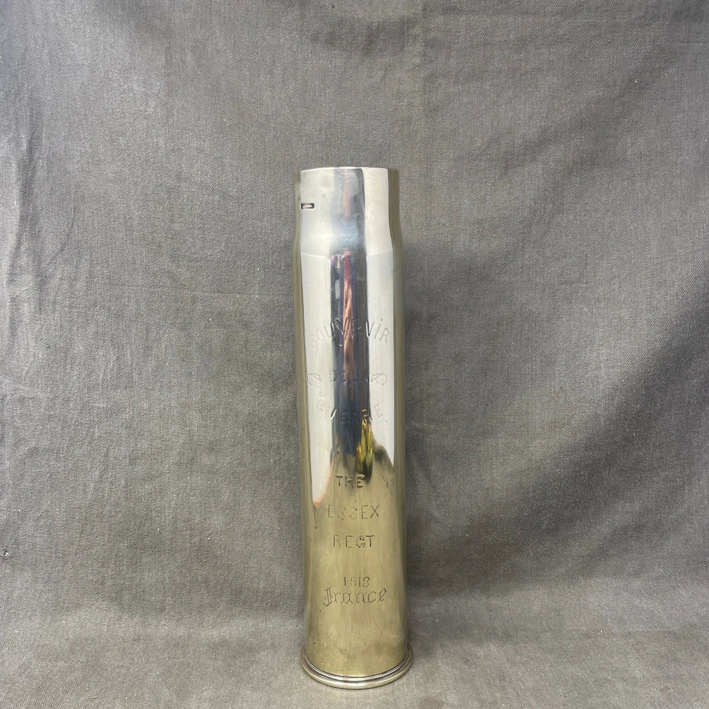 British 6Pdr MKIII Brass Shell Case  Dated 1917 Made By Kynoch and engraved with the Essex Regiments Badge