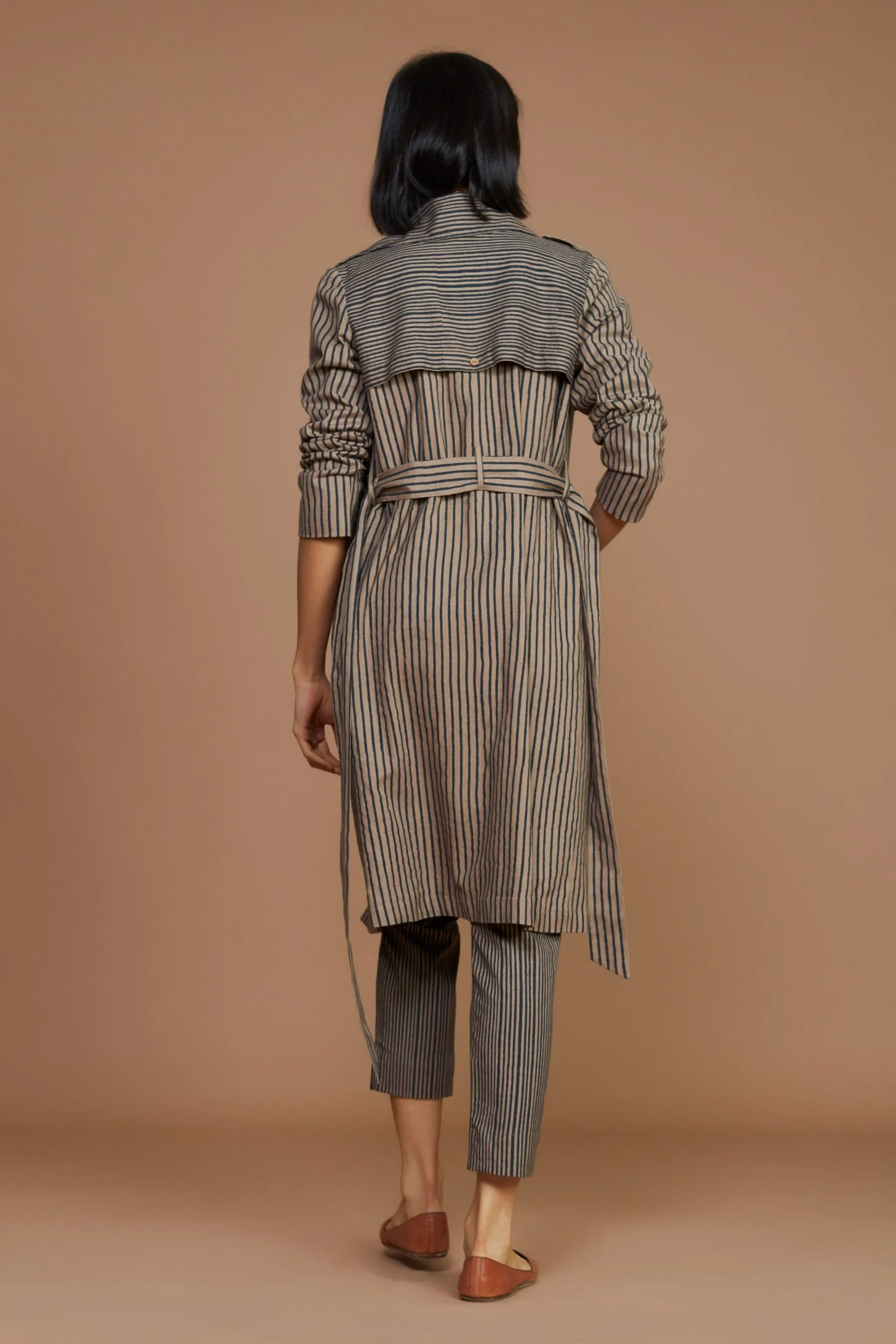 Brown With Charcoal Striped Trench & Corset Co-Ord Set (3 Pcs)