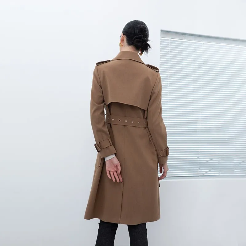 Camel Long Trench Coats With Metal Buttons