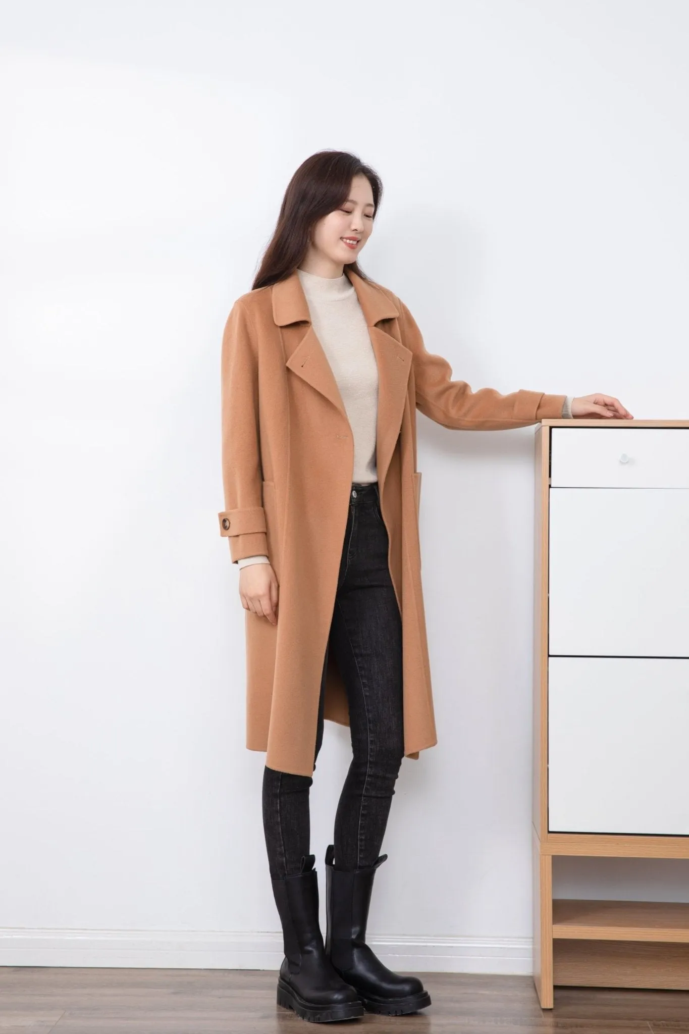 Camel Wool Square Collar Overcoats