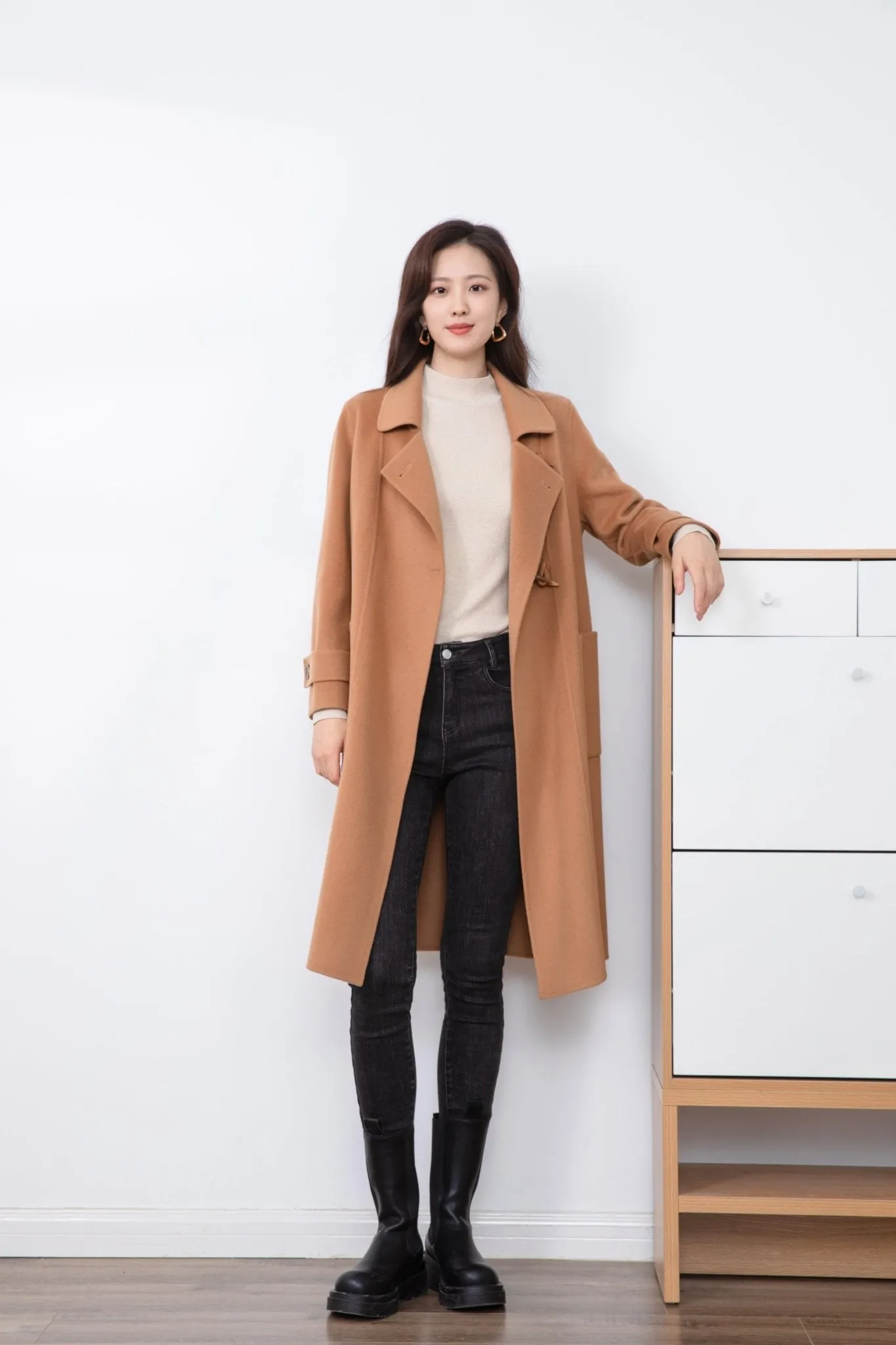 Camel Wool Square Collar Overcoats