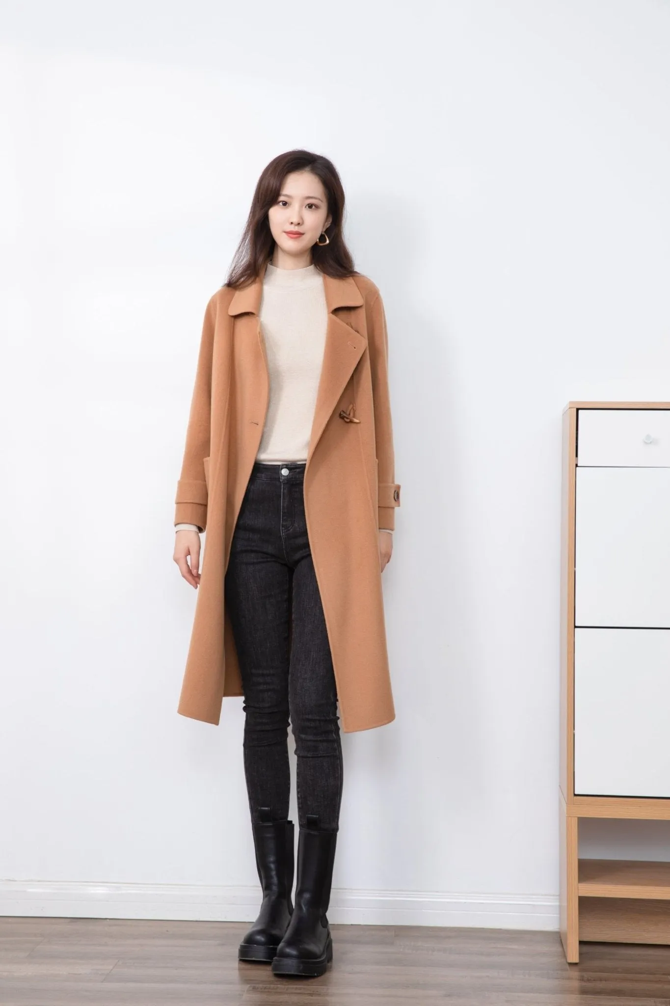 Camel Wool Square Collar Overcoats