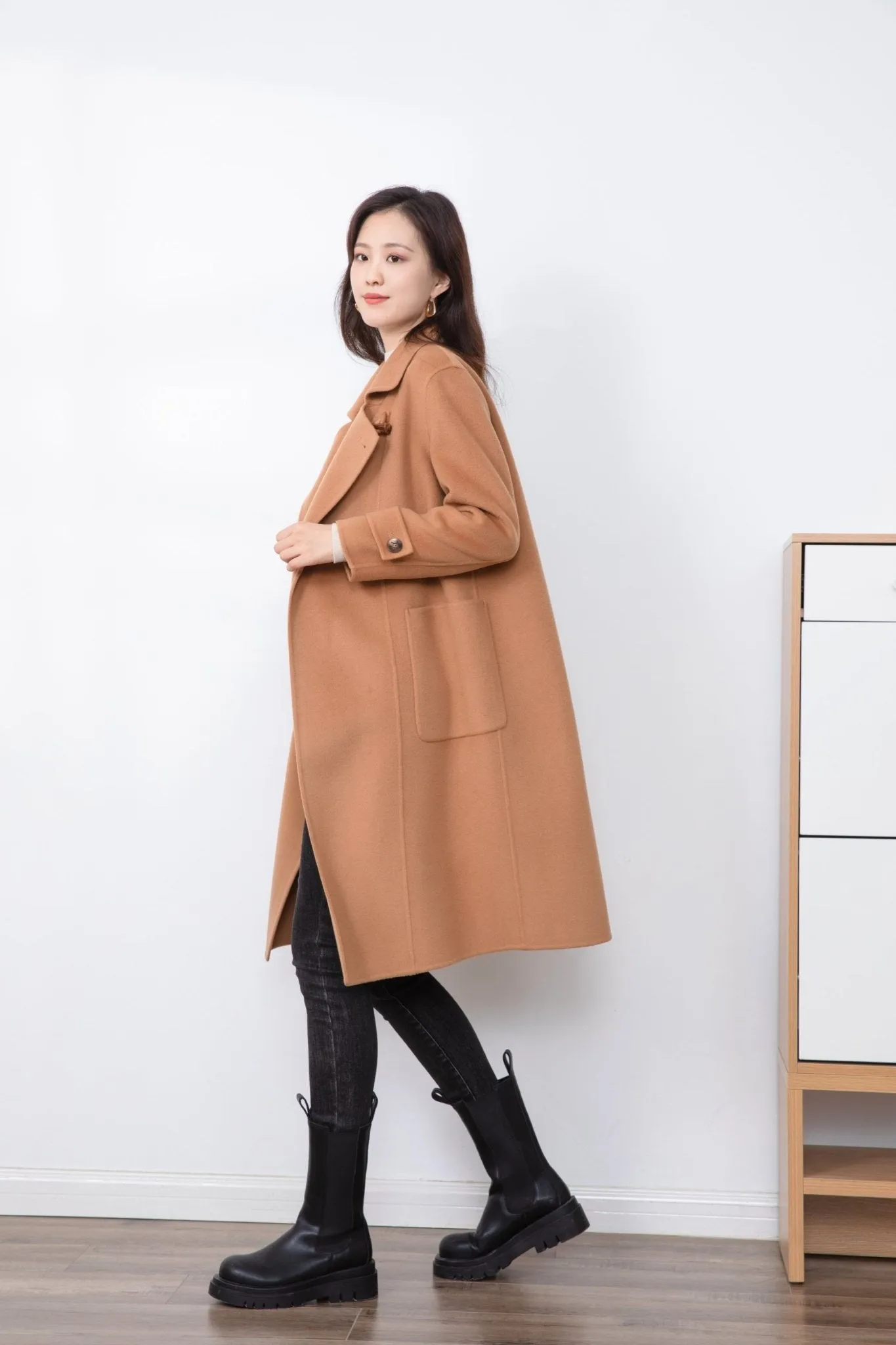 Camel Wool Square Collar Overcoats