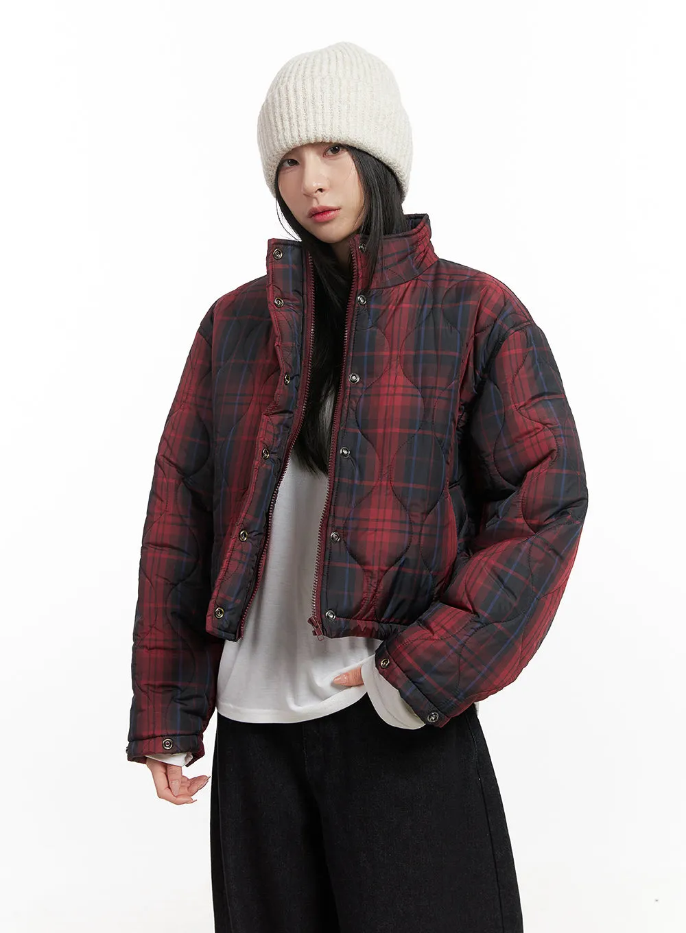 Checkered Buttoned Puffer Jacket CN426