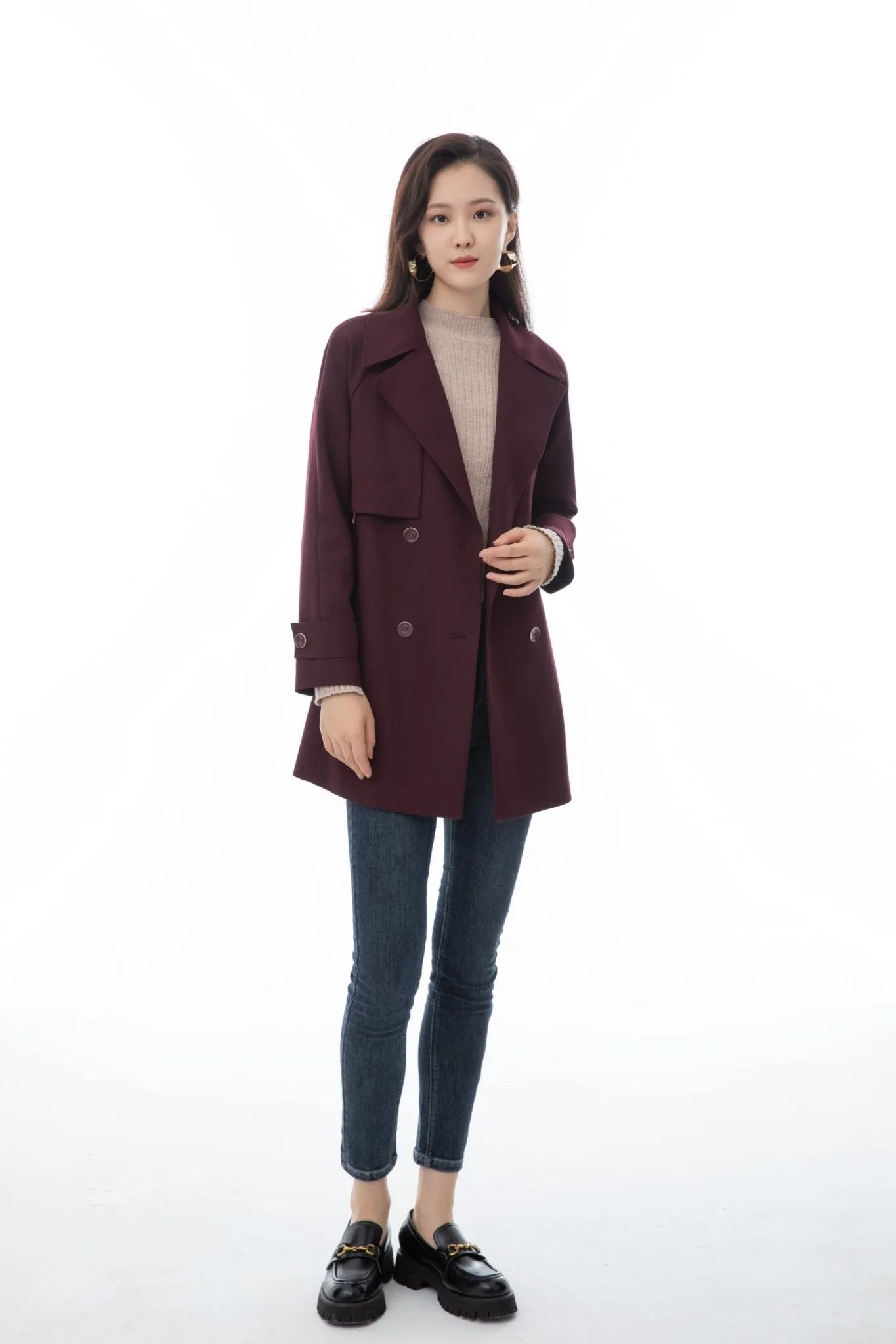 Claret Short Double-breasted Coats Overcoats