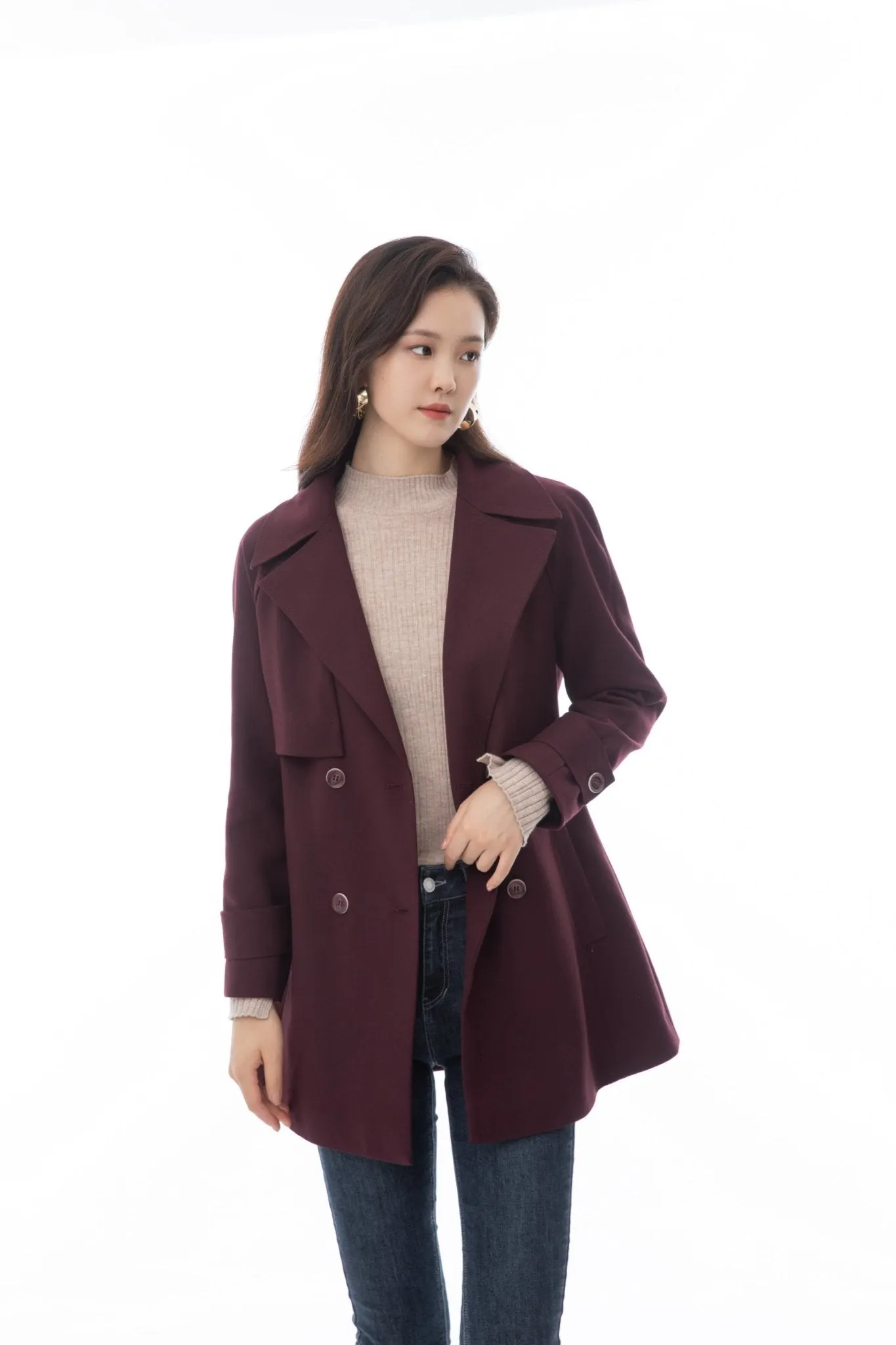 Claret Short Double-breasted Coats Overcoats