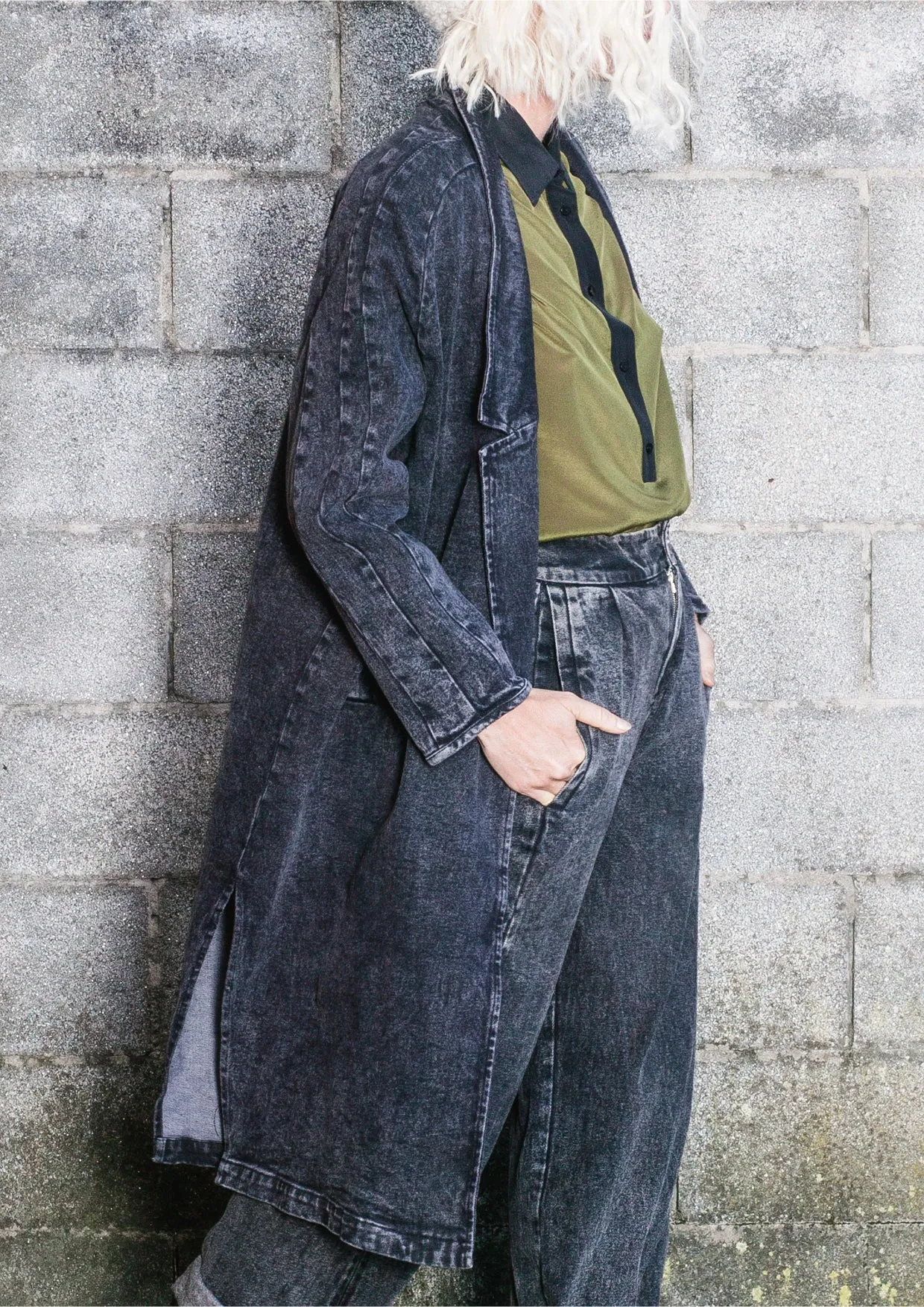 COAT LONG REVERS - DENIM washed black